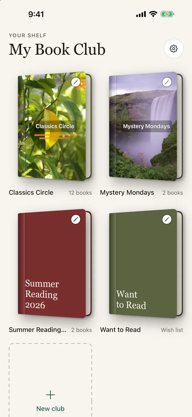 Home screen with book club journals