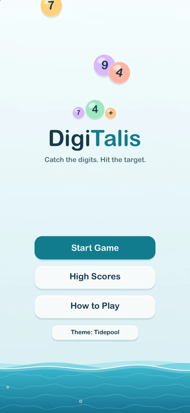 DigiTalis home screen: Catch the digits, hit the target