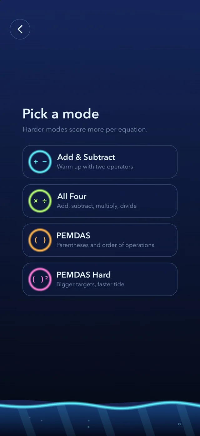 Pick a mode: Add & Subtract, All Four, PEMDAS or PEMDAS Hard